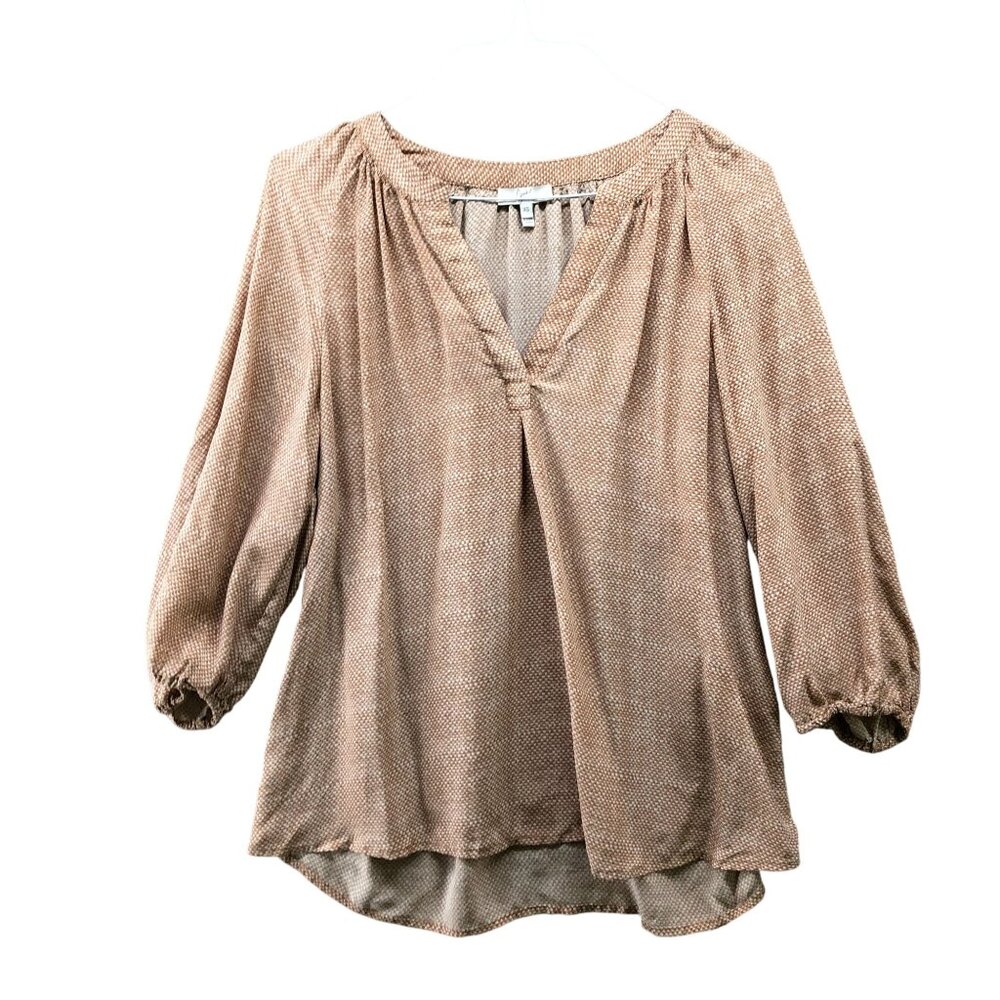 Joie 100% Silk Blouse Womens XS Beige Tank Split Neck 3/4 Cinch Sleeve White